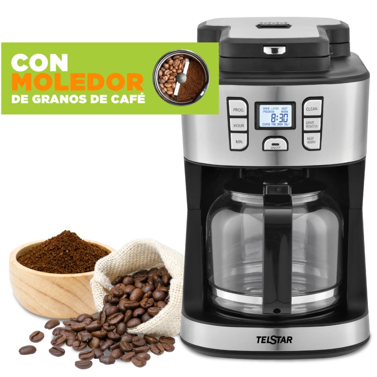 Cafetera con moledor de café 12 Tazas TCF012940CT - Telstar